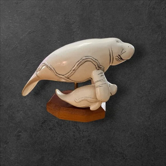 G.H. Cook Company Manatee Mom W/ Baby Fine Art Sculpture Cultured Ivory Figurine - Picture 3 of 8